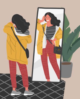 İskandinav iç mekanında aynaya bakan günlük moda kıyafetleri içinde sevimli genç bir kadın. Kadınsı özgüven, sevgi ve kabullenme kavramı. Çekici kız karakteri yansıması