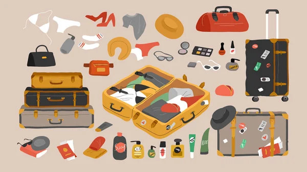 Σετ ταξιδιωτικών ειδών για διακοπές και διακοπές. Διάφορες αποσκευές τσάντες, vintage ανοικτές βαλίτσες, γυαλιά ηλίου, καλλυντικά, ρούχα. Χειροποίητα μοντέρνα μεμονωμένα στοιχεία σχεδιασμού. Διάνυσμα κινούμενων — Διανυσματικό Αρχείο