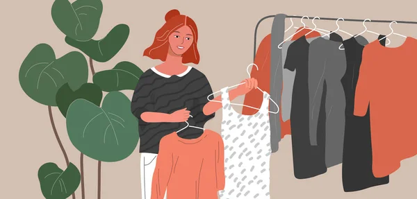 Donna stilista di moda in interni scandinavi creando clothers scelta di tendenza o vestito. vettore dei cartoni animati — Vettoriale Stock