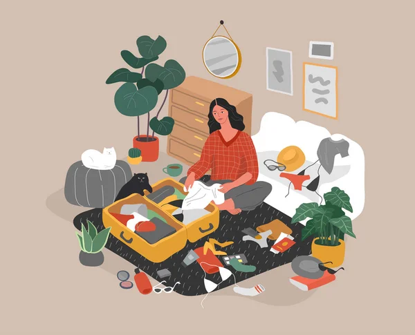 Linda chica con gato en el acogedor interior de la casa escandinava embalaje de su maleta y la preparación para el viaje. Feliz viajero preparándose para las vacaciones de verano. Dibujos animados vector colorido — Vector de stock