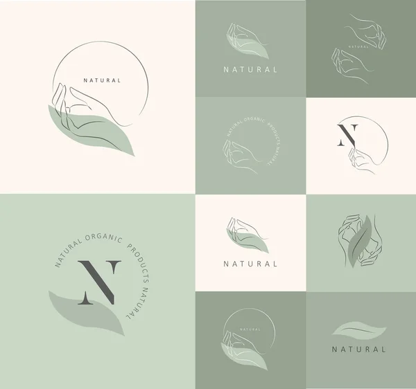Modèle de conception de logo dans un style linéaire minimaliste à la mode. Des mains vectorielles abstraites. Symbole abstrait pour les produits biologiques, cosmétiques de beauté, bijoux — Image vectorielle