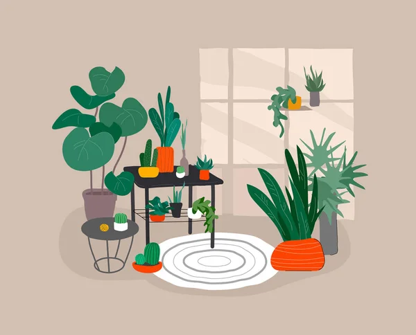 Hus växter i urban hem trädgård med katt. Skandinaviskt eller nordiskt vardagsrum interiör. Handritning stil mysig interiör med hemväxter. Tecknad vektor — Stock vektor