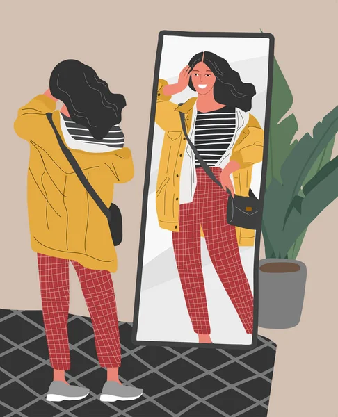 Söt ung kvinna i avslappnade trendiga kläder tittar på spegel i skandinaviska interiören. Begreppet feminint självförtroende, kärlek och acceptans själv. Attraktiv flicka karaktär reflektion — Stock vektor
