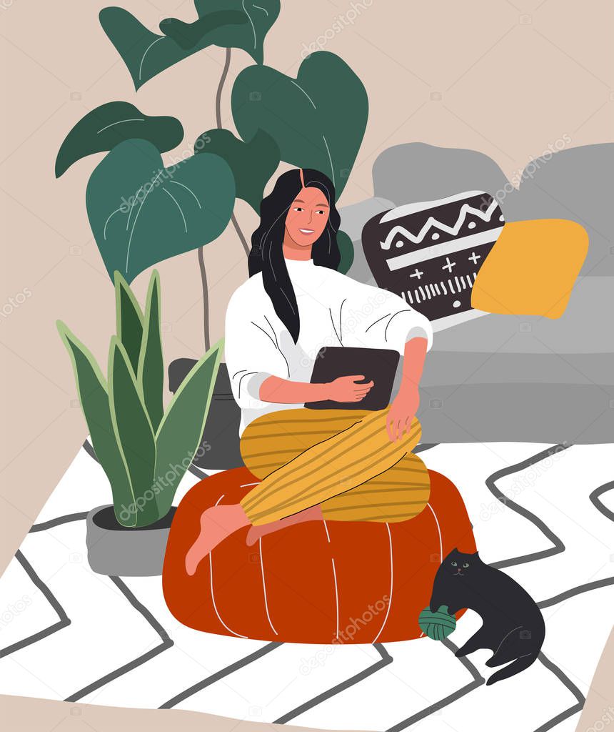Cute woman sitting on chair with laptop in cozy scandinavian home interior. Gadget addiction concept. Girl spending time online. Daily life of social media networks user. Cartoon vector