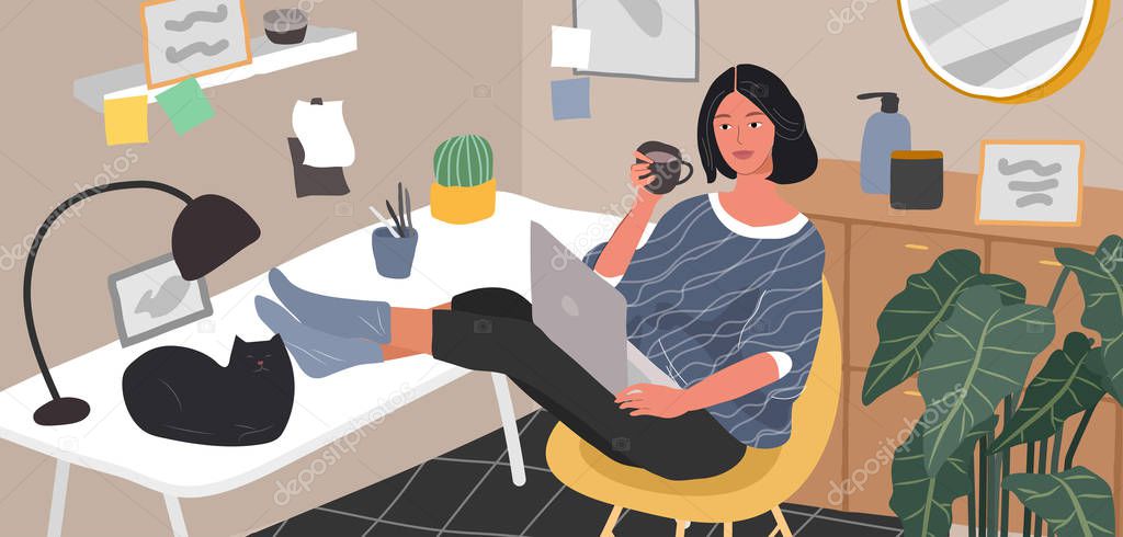 Freelancer designer girl working in nordic style home office with cat. Daily life and everyday routine scene by young woman in scandinavian style cozy interior with homeplants. Cartoon vector