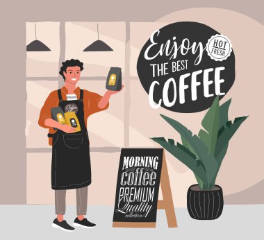 Kahve dükkanının el yapımı koleksiyonu. Çizgi filmci barista karakteri, el yazısıyla yazılmış bir alıntıyla kafe girişinin yanında duruyor ve paketlenmiş kahve satıyor. Vektör