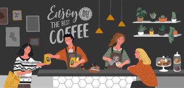 Kafe ya da kafe iç tasarım ve sahne. Kız baristanın karakteri kapuçino sanatı ve mutlu kafe müşterisi yapar. Ev bitkileriyle ve el yazısıyla yazılmış alıntılarla İskandinav tarzı iç mekan. Çizgi film