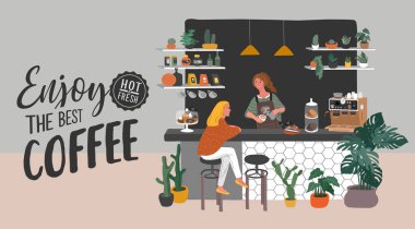 Kafe ya da kafe iç tasarım ve sahne. Kız baristanın karakteri kapuçino sanatı ve mutlu kafe müşterisi yapar. Ev bitkileriyle ve el yazısıyla yazılmış alıntılarla İskandinav tarzı iç mekan. Çizgi film