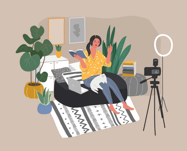 Young woman sitting in scandinavian interior and creating content for blog or live broadcasting. Teaching through internet or review book. DIY tutorial or webinar. Blogging or vlogging — Stock Vector