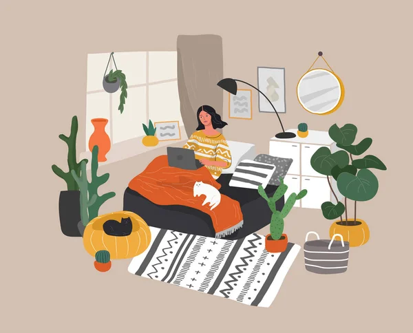 Linda mujer sentada en silla con teléfono inteligente en el acogedor interior de la casa escandinava. Chica con un gato y café relajándose en casa. La vida cotidiana de la mujer joven, la rutina cotidiana. vector de dibujos animados — Vector de stock