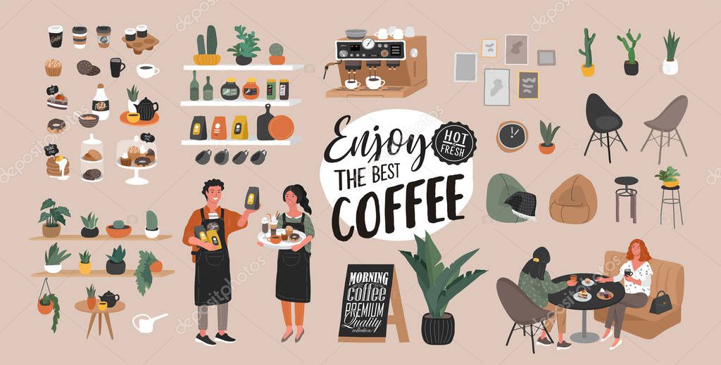 Coffee shop hand drawn collection . Cartoon constructor set. Small business, houseplant and interior decoration, logo lettering and quote, barista character, coffee pots sweets