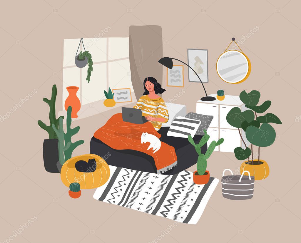 Cute woman sitting on chair with smartphone in cozy scandinavian home interior. Girlwith a cat and coffee relaxing at home. Daily life of young woman, everyday routine. Cartoon vector