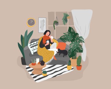Girl caught a cold flu or virus on couch with cat and tea. Young woman is sick and cough at home scandinavian style cozy interior with homeplants. Cartoon vector clipart