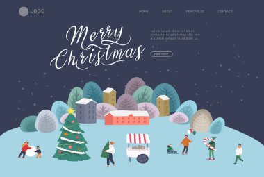Landing page template with Christmas holiday outdoor fair or street market on town square invitation card. Characters people walking between decorated stalls or kiosks. Holiday New year clipart