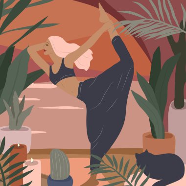 Yoga pozları veren tatlı bir kız. Ev bitkileriyle iç mekanlarda yaşayan genç bir kadının yaşam tarzı. Kadınlık, güzellik ve akıl sağlığıyla moda illüstrasyonu. Kadınsı çizgi film