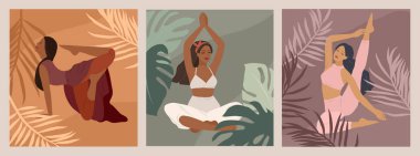 Kadınsı bir kavram. Yoga pozları veren tatlı bir kız. Genç bir kadının yaşam tarzı. Kadınlık, güzellik ve akıl sağlığıyla moda illüstrasyonu. Vektör karikatürü