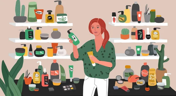 Nette junge Frau, die Naturkosmetik und Ökoprodukte auf Lager hat. Verkäuferin, Kosmetikerin, Kosmetikerin, Kosmetikerin, Kosmetikerin und Kosmetikerin. Karikaturenvektor — Stockvektor