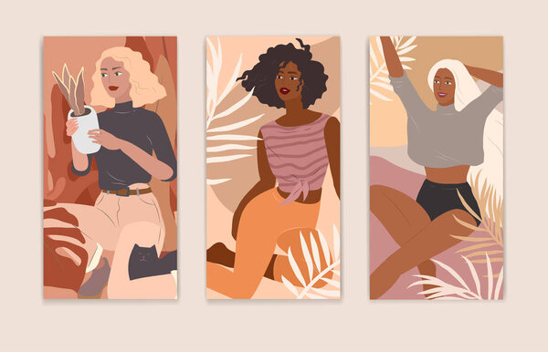 Женские концептуальные флаеры. Счастливые милые девочки отдыхают с кошкой и домашними растениями. Женская повседневная жизнь по концепции молодой женщины. Иллюстрация женской красоты и ума