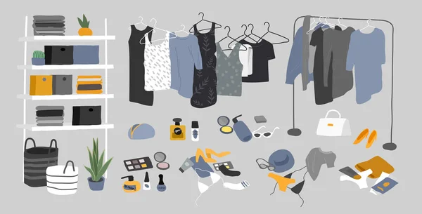 Set of wardrobe stuff. Closet wardrobe furniture inside. Various bag, shoes, cosmetics and trendy clother. Interior things in scandinavian design style. Hand drawn isolated elements — 스톡 벡터