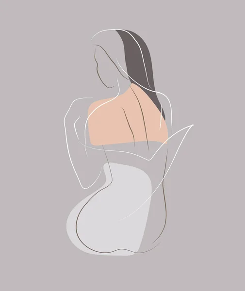 Plantilla de diseño de concepto femenino e ilustración. Mujer en estilo lineal minimalista Ilustración de moda por feminidad, belleza y arte moderno. Cartel abstracto y estampado de camiseta — Vector de stock