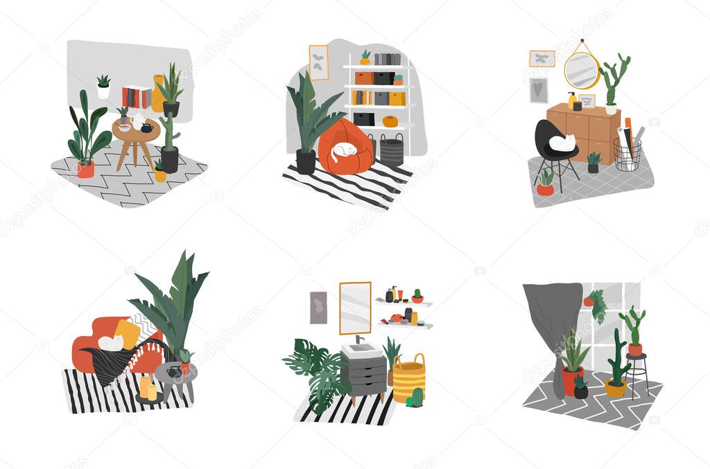 Hand drawn scandinavian cozy style bathroom, home office and living room. Nordic style interiors with homeplants. Cartoon vector