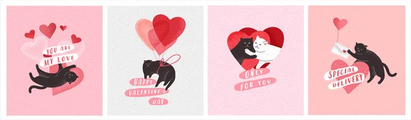 Lindos gatos enamorados. Tarjeta de felicitación romántica de San Valentín o póster. Gato dar el corazón, gatos cople, con sobre de amor, gato héroe con rosa. Volantes, invitación, folleto. Diseño de dibujos animados vectorial — Archivo Imágenes Vectoriales
