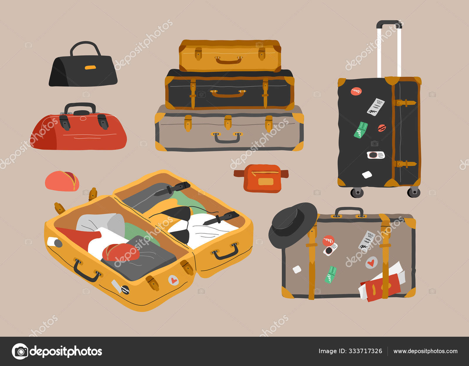 Un conjunto de dibujos animados de maletas y bolsos para viajar.