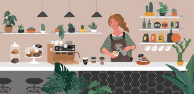 Kafe ya da kafenin iç tasarımı. Kız baristanın karakteri kapuçino sanatı ve mutlu kafe müşterisi yapar. Ev bitkileriyle İskandinav tarzı iç dekorasyon ve el yazısıyla yazılmış bir alıntı metni. Çizgi film