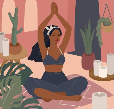 Yoga pozları veren tatlı bir kız. Ev bitkileriyle iç mekanlarda yaşayan genç bir kadının yaşam tarzı. Kadınlık, güzellik ve akıl sağlığıyla moda illüstrasyonu. Kadınsı çizgi film