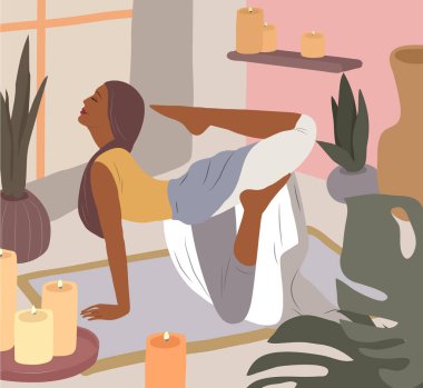 Yoga pozları veren tatlı bir kız. Ev bitkileriyle iç mekanlarda yaşayan genç bir kadının yaşam tarzı. Kadınlık, güzellik ve akıl sağlığıyla moda illüstrasyonu. Kadınsı çizgi film