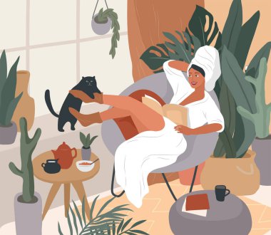 Kafasında havluyla ve bornozuyla sabahları banyo yaptıktan sonra kahvaltı eden, gazete okuyan ve kedisiyle dinlenen güzel bir kız. İç mekandaki genç bir kadından Kadın Günlük Yaşamı