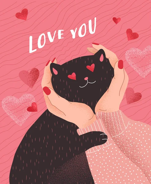 Te quiero. Lindos gatos enamorados. Tarjeta de felicitación romántica de San Valentín o póster. Las manos femeninas sostienen la cabeza del gato enamorado. Volantes, invitación, folleto. Diseño de dibujos animados vectorial — Archivo Imágenes Vectoriales