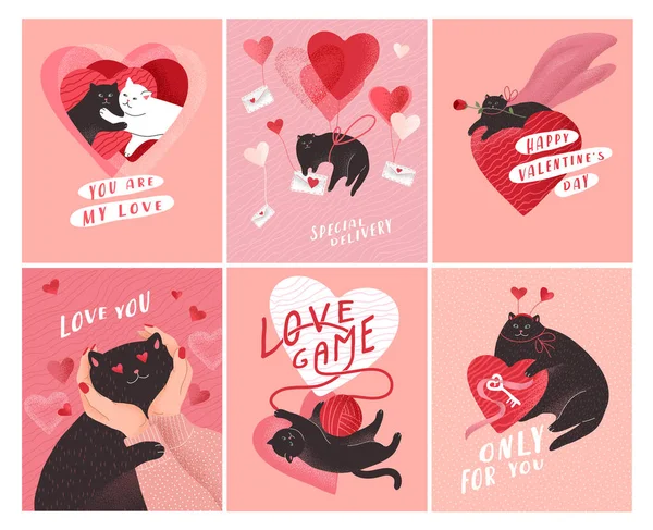 Aşık şirin kediler. Romantik Sevgililer Günü tebrik kartı ya da postası — Stok Vektör