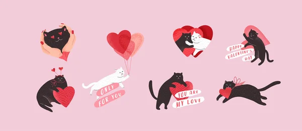 Cute cats in love. Romantic Valentines Day set for greeting card — Stock Vector