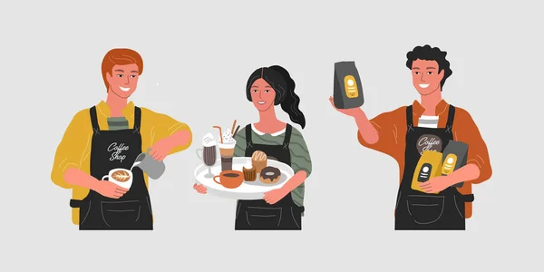 Koffie winkel hand getekend karakter. Cartoon lachende vrouw serveerster — Stockvector