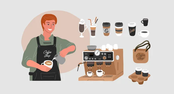 Kávézó kézzel rajzolt kollekció. Rajzfilm férfi barista karakter, hogy cappuccino vagy latte művészet. Kávéfőző különböző kávéscsészékkel és ökotáskával. Vektor — Stock Vector