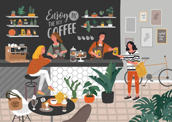 Café ou café design de interiores e cena. Personagem de menina — Vetor de Stock