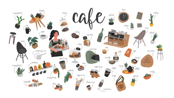 Cafe hand drawn collection . Cartoon coffee shop infographic set — Stock Vector