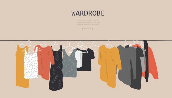 Web landing page template with wardrobe stuff. Closet wardrobe furniture inside. Various trendy clother. Hand drawn isolated elements. Cartoon vector — 스톡 벡터