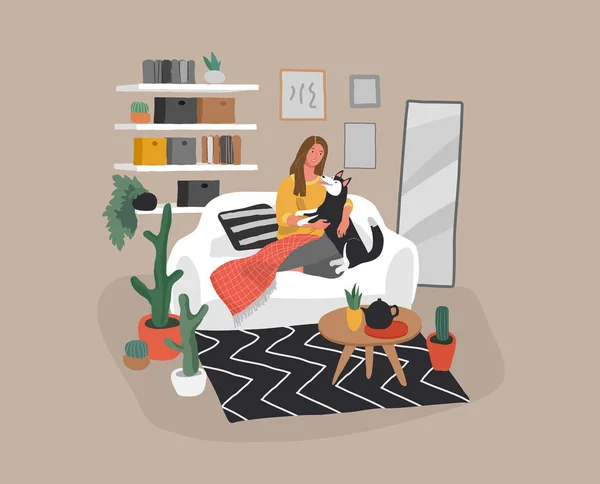 Girl sitting and resting on the couch with husky dog. Daily life — Stock Vector