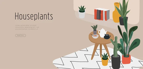 Landing page template with hand drawing Scandinavian style cozy home with homeplants. Scandinavian or Nordic style interior. Cartoon vector