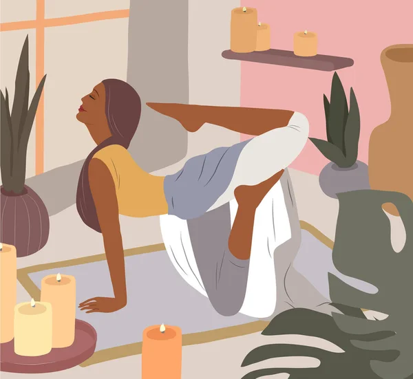 Jolie fille faisant des poses de yoga. Mode de vie par jeune femme à l'intérieur de la maison avec des plantes à la maison. Illustration de mode par féminité, beauté et santé mentale. Caricature féminine — Image vectorielle