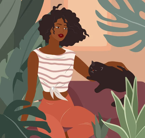 Menina africana bonito descansando com um gato no sofá. Feminino A vida diária e a cena cotidiana da jovem mulher em casa interior com plantas de casa. Vetor dos desenhos animados — Vetor de Stock