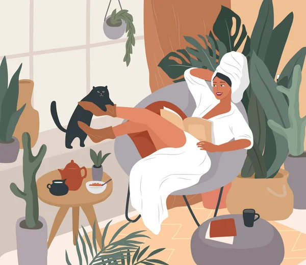 Joyeux fille mignonne avec serviette sur la tête et en peignoir, prendre le petit déjeuner le matin après le bain, lire le journal et se reposer avec chat. Féminin Vie quotidienne par jeune femme à l'intérieur — Image vectorielle