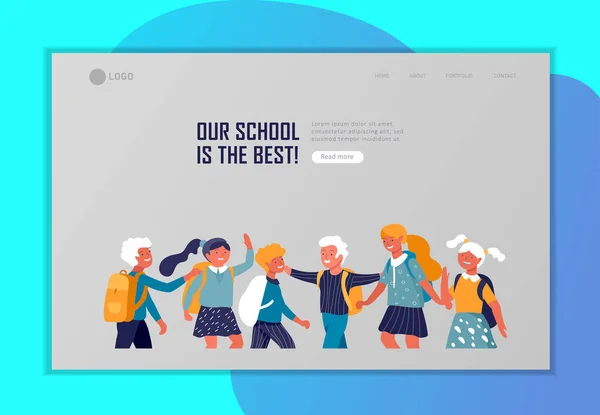 Modelo de landing page com ilustração de vetor plano Back to school. Adolescentes e adolescentes em idade escolar. Colegas de escola, amigos personagens de desenhos animados. Meninos da escola —  Vetores de Stock