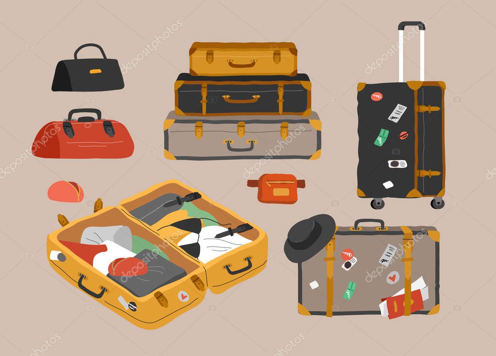 Conjunto de varios vintage, bolsas de equipaje retro, maleta abierta con  cosas de viaje embaladas, maleta, embrague y ropa. Elementos de diseño  aislados coloridos dibujados a mano. vector de dibujos animados Vector