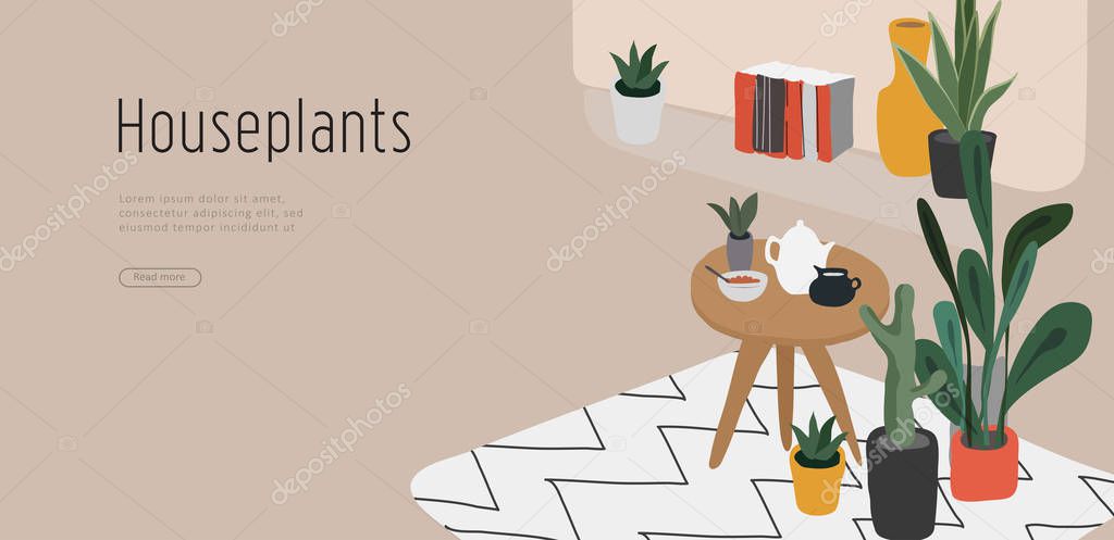 Landing page template with hand drawing Scandinavian style cozy home with homeplants. Scandinavian or Nordic style interior. Cartoon vector