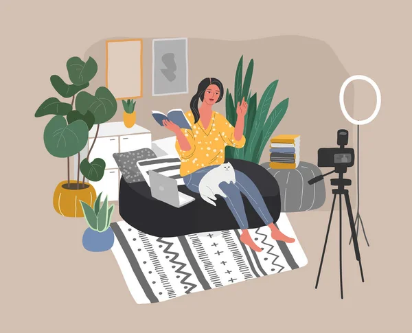 Jovem mulher sentada no interior estilo escandinavo e criando conteúdo para o blog. Ensino através da internet ou livro de revisão, tutorial ou webinar. Blogging ou vlogging. Desenhos animados — Vetor de Stock