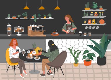 Kafe ya da kafe iç tasarım ve sahne. Kız baristanın karakteri kapuçino sanatı ve mutlu kafe müşterisi yapar. Ev bitkileriyle ve el yazısıyla yazılmış alıntılarla İskandinav tarzı iç mekan. Çizgi film