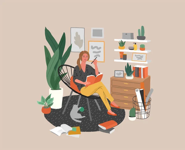 Aranyos nő ül a széken laptoppal egy hangulatos skandináv otthon belsejében. A lány otthon dolgozik az irodában. Szabadúszó munkás mindennapi élete, mindennapos rutin. Rajzfilm-vektor — Stock Vector